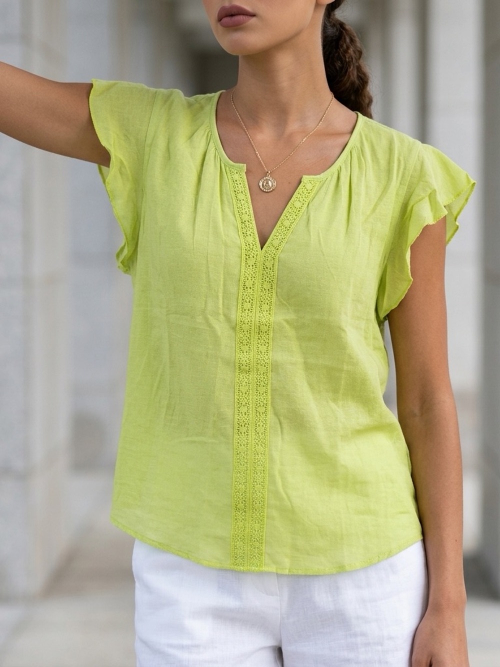 Counterparts Women’s Sz Small Summer Blouse Green Lace Trim Flutter Sleeves $48
